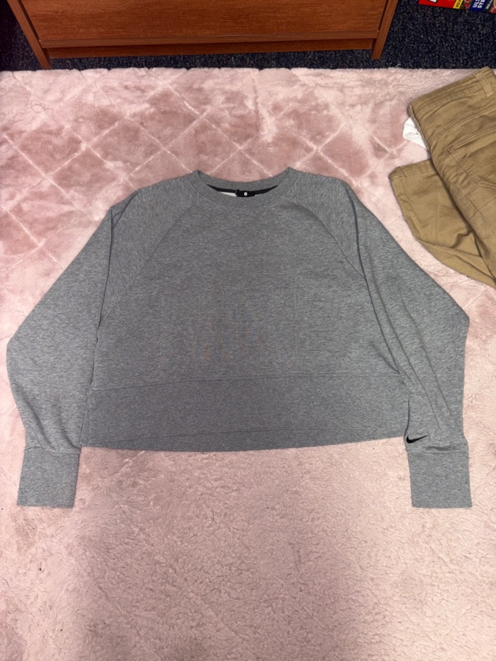 Nike Gray Cropped Crew Sweatshirt with Small Black Swoosh
